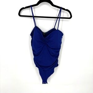 Express Body Contour Bodysuit Royal Blue Ruched Spaghetti Strap Snap Closure